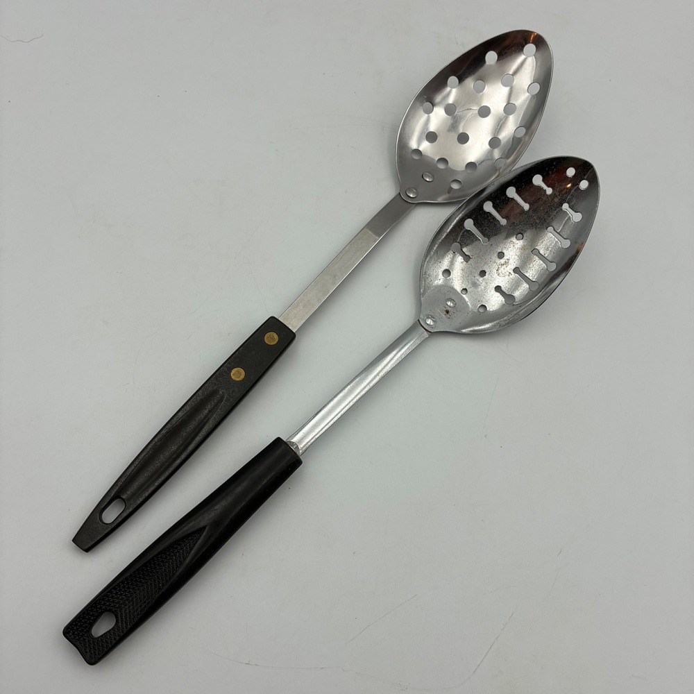 Vintage Ekco Slotted Spoon & Stainless Perforated Spoon Set Made in USA Black